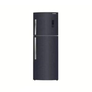 a black refrigerator with silver handles
