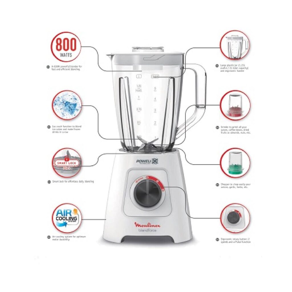 Moulinex Blend force Blender 2 Liters 800 Watt White with Attachments LM4231EG