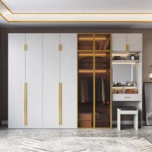 دولاب ملابس مع طاولة زينة أروجيا - 320 سم عرض، MDF ماليزي، باب زجاج مقاوم معتمد 3C، سعة تخزين كبيرة