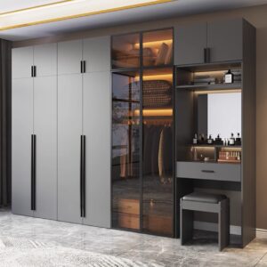 دولاب ملابس مع طاولة زينة أروجيا - 320 سم عرض، MDF ماليزي، باب زجاج مقاوم معتمد 3C، سعة تخزين كبيرة