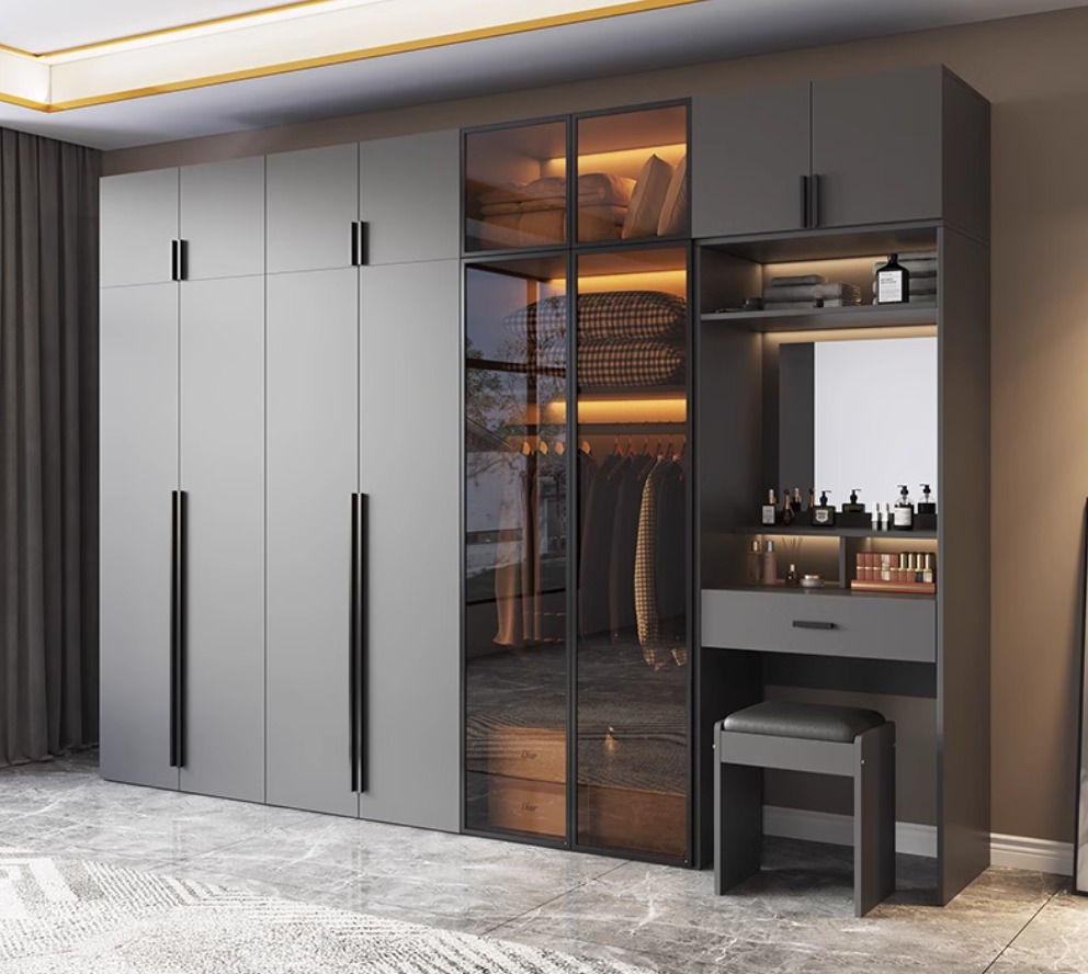 Arogia Wardrobe With Dressing Table - 320 Cm Wide , MDF Malaysian Panels, Double Glass Doors,Large Storage