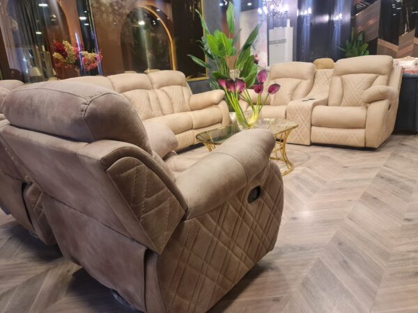 طقم انتريه ليزي مدفع بإطار خشب زان أحمر وقماش جلد مقلوب