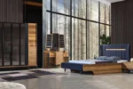 سرير متنجد مع بانكيت خشب زان أحمر وكونتر طبيعي