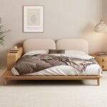 Bed 160×195 cm With Bookshelf Side Cabinet Red Beech Wood &  Natural Counter