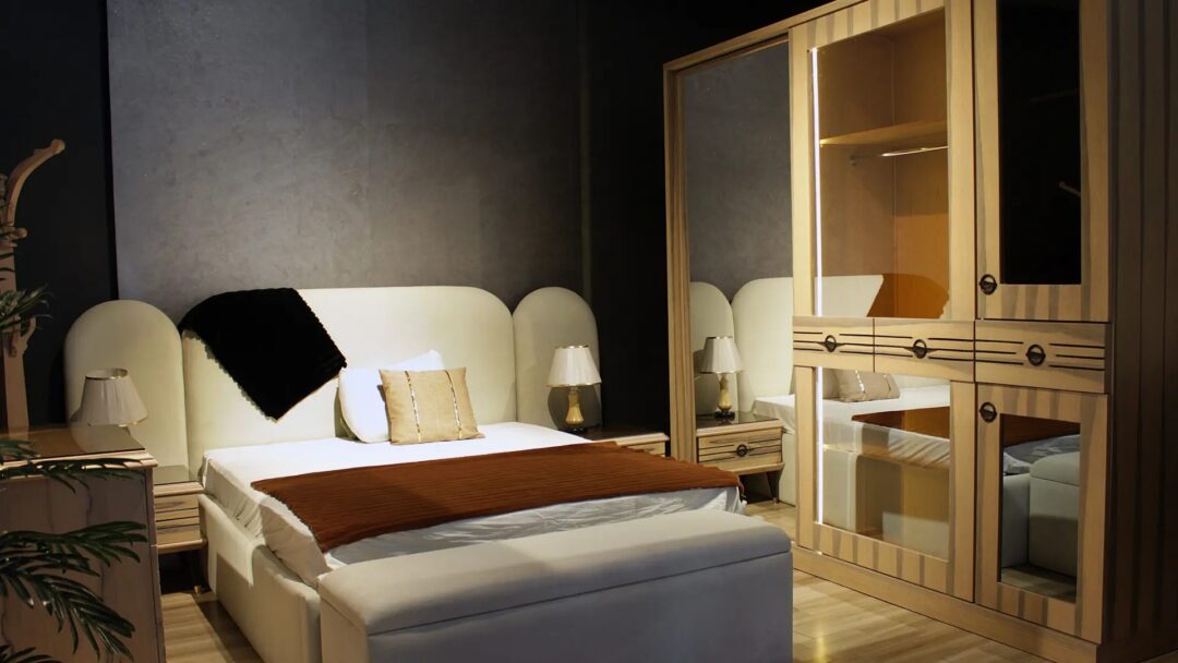 Fluffy Complete Bedroom Set (Large Bed + 2 Nightstands + Large Wardrobe + Dressing Table with Pouf) 