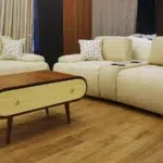 Kima Sofa Set with Three Seater, Two Seater, and Two Poufs in Red Beech Wood