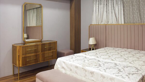 Royal Complete Bedroom Set (Bed with Bench + 2 Nightstands + Large Wardrobe + Dressing Table with Pouf)