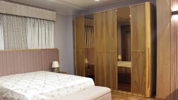 Royal Complete Bedroom Set (Bed with Bench + 2 Nightstands + Large Wardrobe + Dressing Table with Pouf)