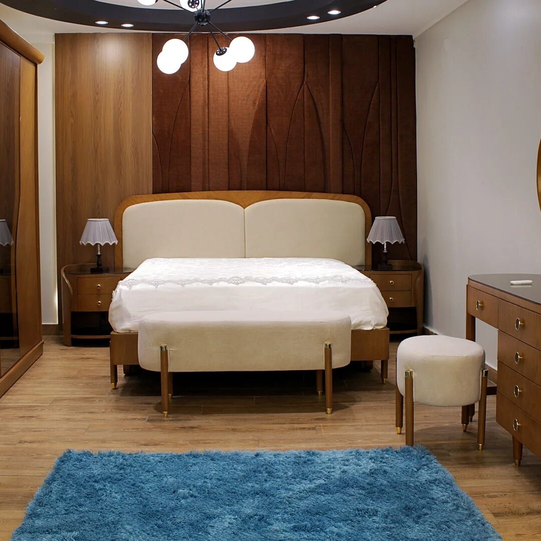 Circle Complete Bedroom Set (Bed with Bench + 2 Nightstands + Large Sliding Wardrobe + Dressing Table with Pouf + Hanger or Full-Length Mirror) 