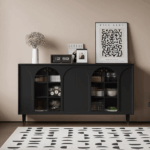 Black Buffet With Two Glass Doors A Red Oak Frame And A Natural Countertop.