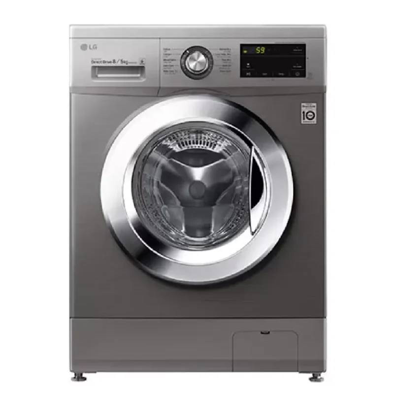 اشتري الان غسالة ملابس ال جي 8 كيلو مجفف 5 كيلو فضي باب كروم F4J3TMG5P