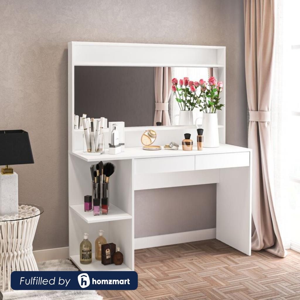 تسريحة بطول 120 سم مزودة بدرج ووحدة رفوف باللون الأبيض ant1121