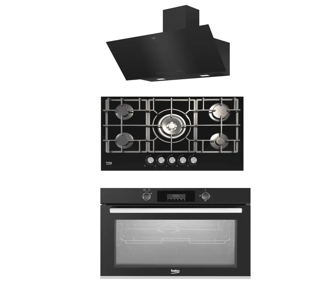 اشتري الان طقم بلت إن من بيكو 90 سم (فرن غاز BBWHT12300BS، مسطح 5 شعلة HISW95226SEL، وشفاط مائل أسود BHCA96641BFBHSE)
