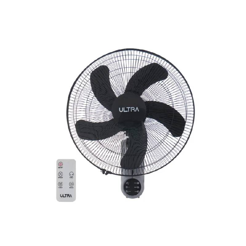 Ultra wall-mounted fan 18-inch black with remote control, 5 blades, digital timer model UFW18RE2, available at Wazen Store.